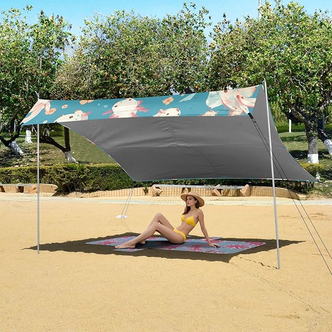 Lovely Axolotl Pattern Beach Tent UPF50+ Waterproof Shade Sun Shelter with Sandbags and Shovel for Camping Picnics Backyard