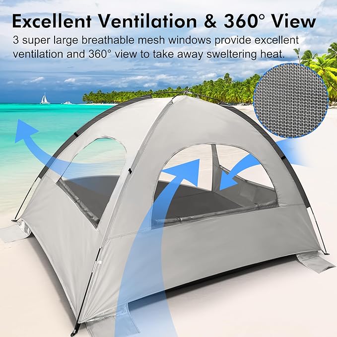 WhiteFang Beach Tent Anti-UV Portable Sun Shade Shelter for 3/4/6/8 Person Extendable Floor with 3 Ventilating Mesh Windows Plus Carrying Bag Stakes and Guy Lines
