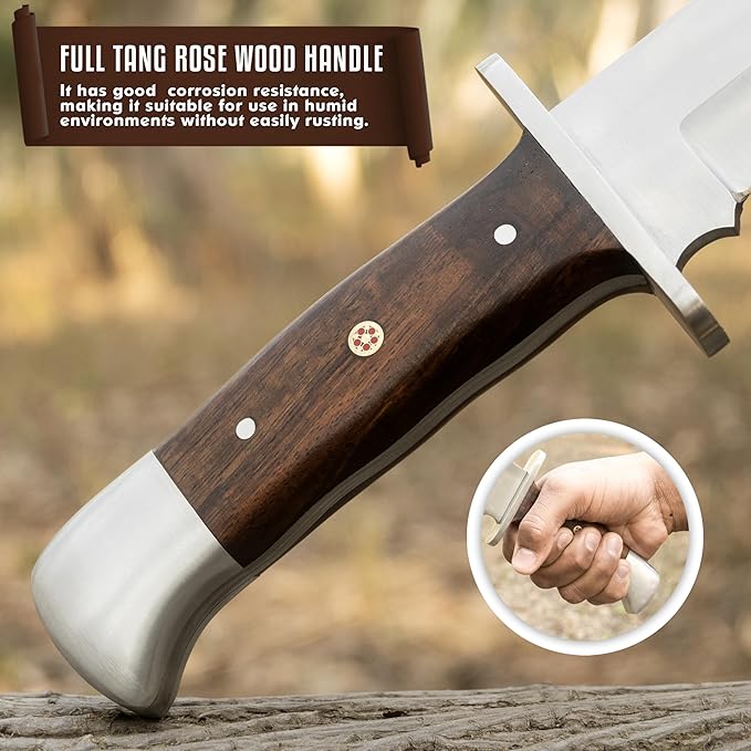 D2 Handmade 13 Inches Bowie Knife Full Tang Fixed Blade Knife with Sheath Hunting Knife with Along Wood Handle Ideal for Camping Hiking Survival And Bushcraft