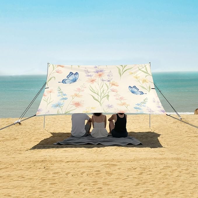Wildflowers Beach Canopy Sun Shelter with Sandbags &amp Sand Shovel &amp Windproof Ropes - Portable 110x126 Beach Shade Beach Tent for Camping Picnics