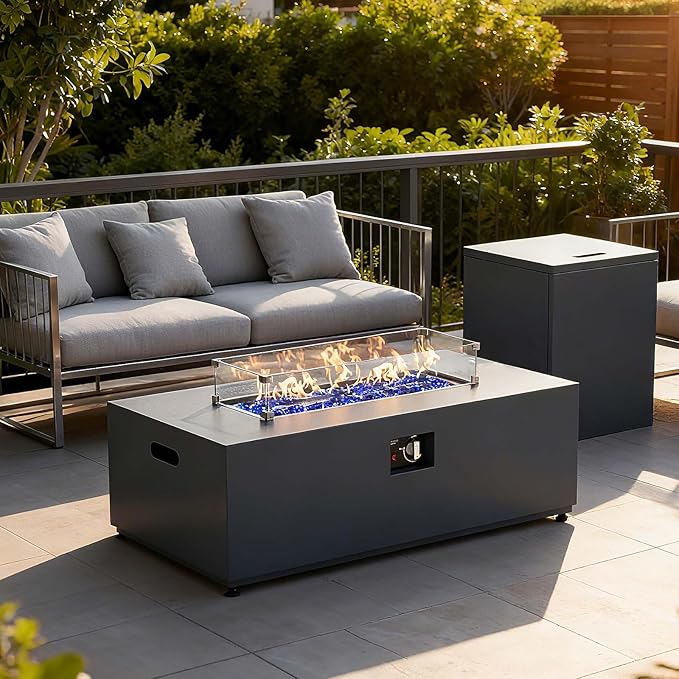 42 Propane Outdoor Fire Pit Table 55000 BTU Rectangular Aluminum Firepits with Tank Table and Waterproof Cover