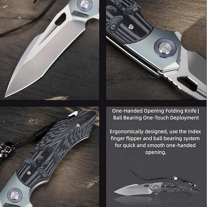 Folding Knife Hiking Gear Outdoor Knives HRC 58-60 G10 Handle Ball Bearing Pivot Lightweight Outdoor Knife for Backpacking Small Pocket Knife for Men Gifts for Hunters Men who have Everything