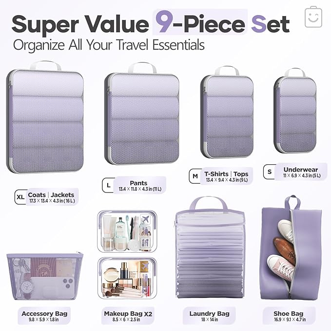 Veken 9/11 Set Compression Packing Cubes for Travel EssentialsCompressible Expandable Large Luggage Suitcase Organizer Bags for ClothingDurable Space Saver Storage Bags(Purple Gray)