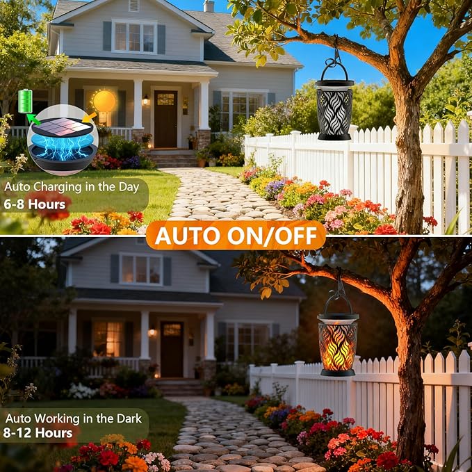 Solar Lanterns Outdoor Waterproof 2 Pack Flickering Solar Flame Lights Upgraded Hanging Flame Lantern Pathway Torch Light Table Lamp Auto On/ Off Porch Yard Gifts (1 Lighting Mode)