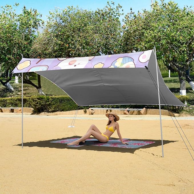 Cute Cartoon Blue Foldable Beach Canopy UPF50 Lightweight Shade Sun Shelter with Sandbags and Shovel for Backyard and Camping