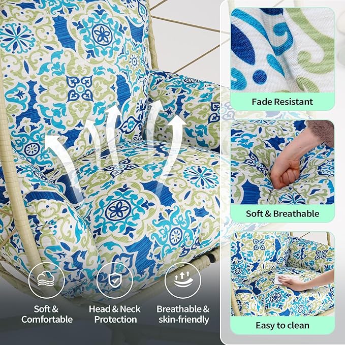Hanging Egg Chair with Stand Outdoor Indoor Patio Rattan Swing Hammock Chairs with Washable Cushion PE Wicker Swing Chair for Backyard Bedroom Garden (Cyan + Floral Cushion No Footrest)