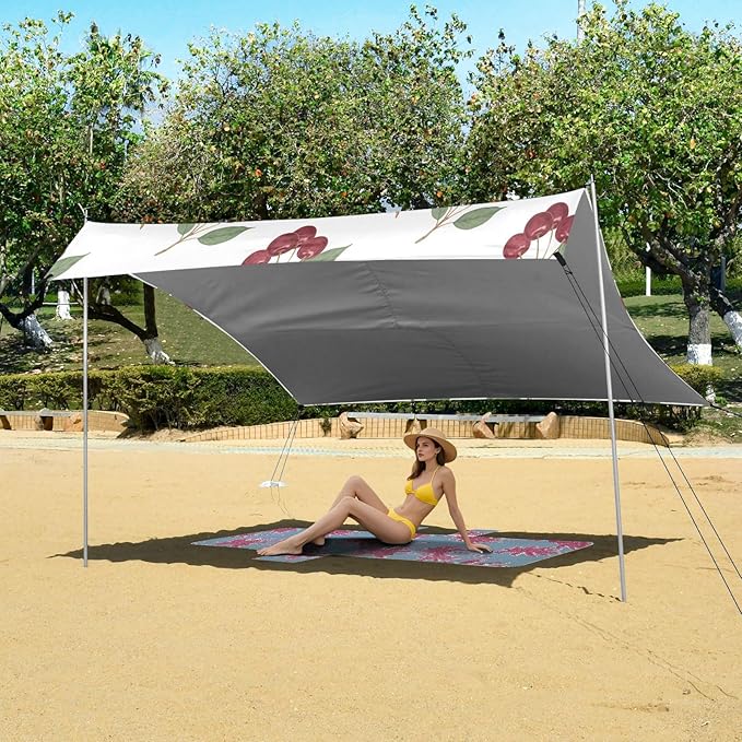xigua Cherry Beach Tent Sun Shelter with Carrying Bag - Silver Coated Oxford Fabric Beach Canopy for Beach Camping Fishing - Includes Windproof Ropes Sandbags &amp Stakes