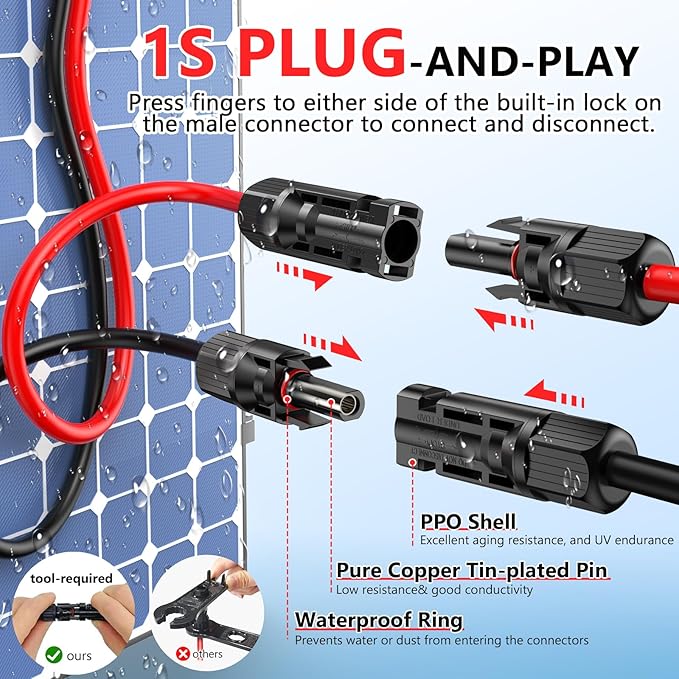 Vansdon 2x30 Feet Solar Panel Extension Cable 12AWG Solar Cable Solar Panel Cable with Female and Male Waterproof Connectors for RV Photovoltaic Systems (30FT Red + 30FT Black)