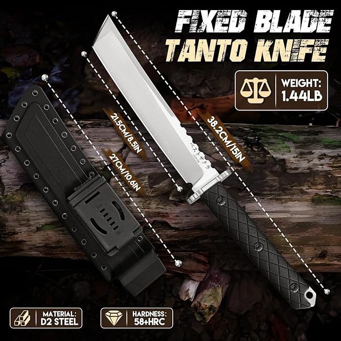 Purple Dragon Japanese Fixed Blade Knife with Sheath - D2 Steel Tanto Knife Cool Survival Knives with Full Tang Handle Camping Knives for Bushcraft Outdoor Gifts for Men