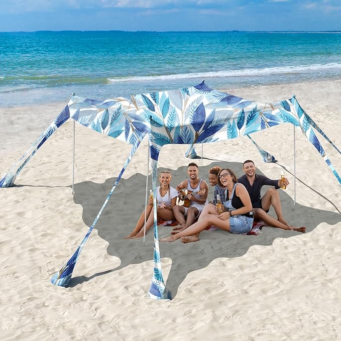 Rhino Valley Beach Tent Shade Canopy UPF50+ Protection 8 Sandbags 4 Stability Poles Outdoor Sun Shelter Umbrella for Sand Camping Fishing Essentials