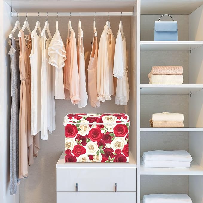Storage Box Rose Floral Closet Storage Bins with Lids Foldable Oxford Fabric Storage Box for Home Bedroom Closet Office (16.5x12.6x11.8 in)