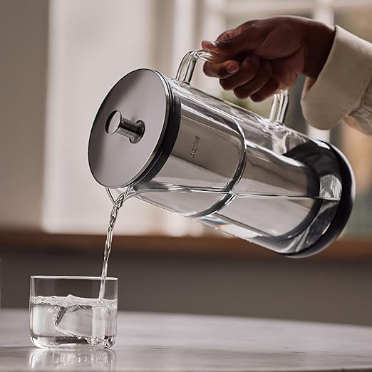 Aarke Purifier Regular Glass Pitcher Bundle w/Steel Filter BPA-Free 4 Pure Refill Granules - Filters Heavy Metals 2.4L Pitcher with 1.18L Filtration Capacity