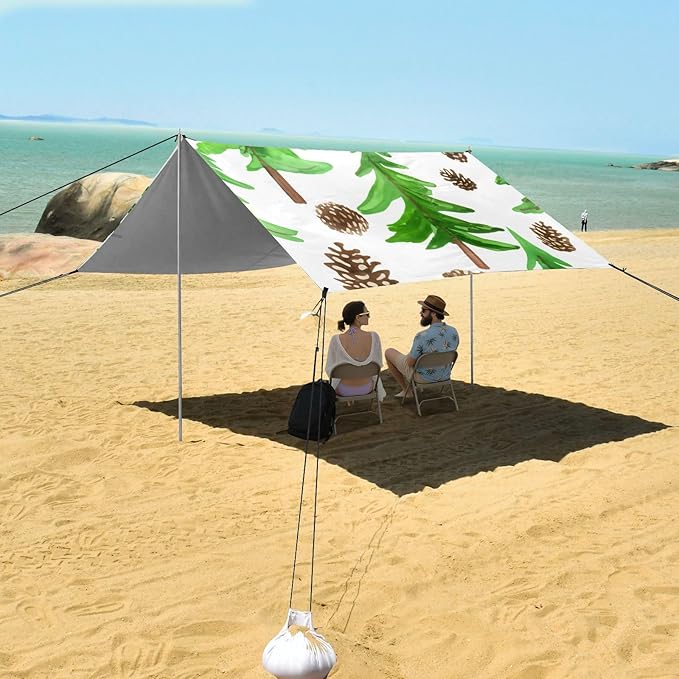 Beach Canopy with Windproof Ropes &amp Sandbags Beach Tent Sun Shade Sun Shelter for Camping Trips Fishing Backyard Fun or Picnics Pine Tree