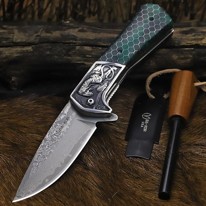 BA-KOR B21A Devil Tiger (XL) 248mm Damascus pocket knife featuring stainless steel and resin aluminum honeycomb-pattern handle &amp(5.9IN) cerium igniter suitable for both men and women as a campin