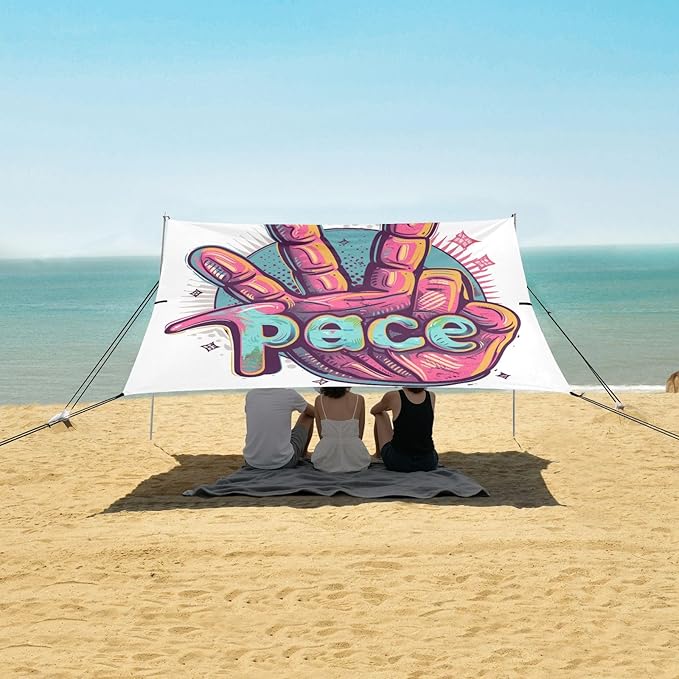 ALAZA Peace and Love Gesture Beach Tent Sun Shelter UPF50+ Protection Beach Shade Canopy w/ 4 Sandbags for Outdoor Camping Fishing Backyard Fun Picnic 10x9 ft