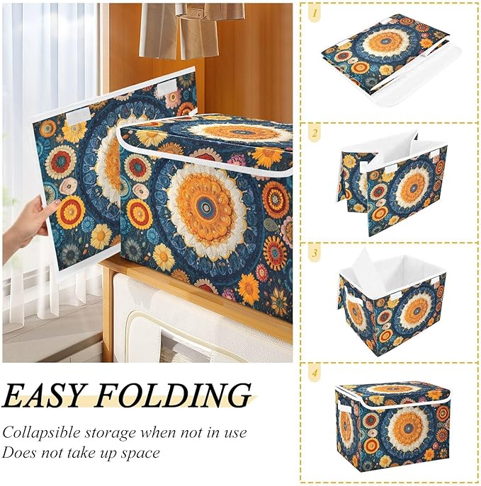 AIXIWAWA Lidded Storage Cube (Ethnic Floral Pattern) Fabric Foldable Closet Bins with Flip Lid and Handles Organizer Basket Container 16.5 x 12.6 x 11.8 IN