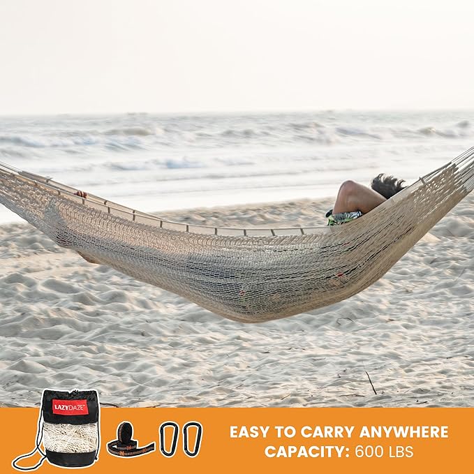 Lazy Daze Hammocks Handwoven Mayan Hammock 10.5 FT Soft Rope Double Hammocks Portable Outdoor Hammock with Carry Bag 2 Straps &amp Carabiners for Patio Outside 550 lbs Weight Capacity Natural