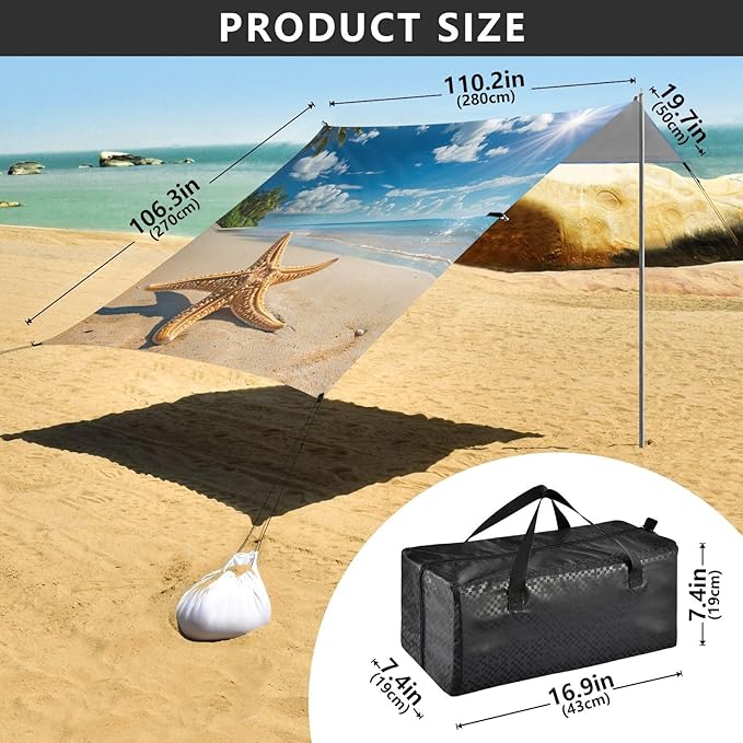 ALAZA Funny Starfish Summer Beach Palm Sand Beach Tent Sun Shelter Portable Canopy Sunshade for Outdoor Camping Picnics Backyard Fun 10x9 ft
