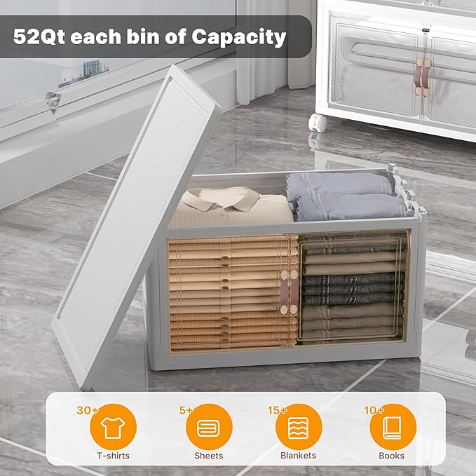 UAMFURI Stackable Storage Bins with Lids 260QT Closet Organizers and Storage with Doors and Wheels Extra Large Storage Cabinet Collapsible Plastic Drawers for Bedroom Dorm Office Garage