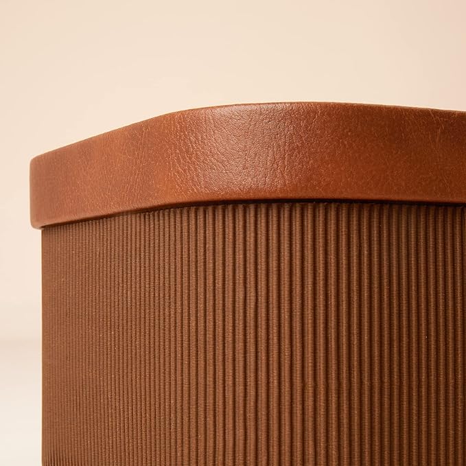 LA JOLIE MUSE Fluted Cardboard Storage Baskets with Leather-Like Lids Sturdy Stackable Paper Boxes Decorative Tray Chocolate Brown Set of 3