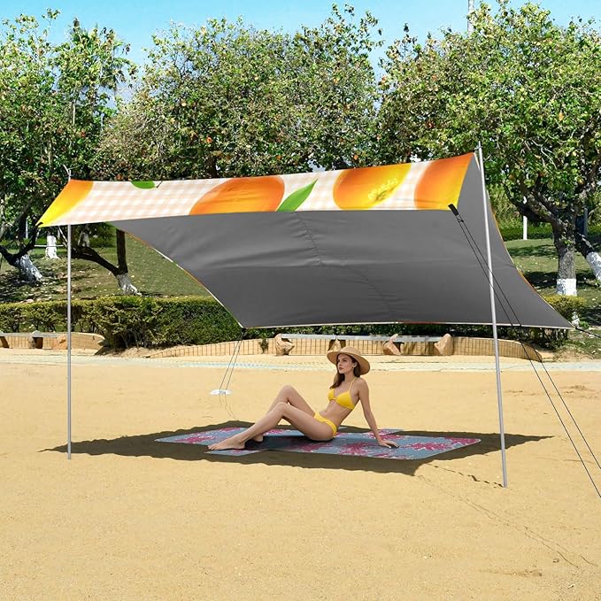 xigua Orange Beach Tent Sun Shelter with Carrying Bag - Silver Coated Oxford Fabric Beach Canopy for Beach Camping Fishing - Includes Windproof Ropes Sandbags &amp Stakes