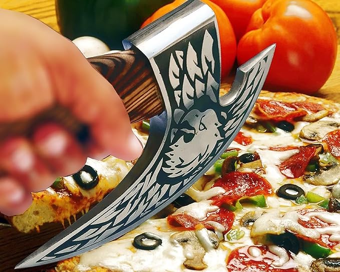 SHINY CRAFTS® Viking Pizza Cutter Axe – Carbon Steel Blade with Black Etching &amp Sheath – Authentic Medieval Gift for Him Norse Style Decorative Axe