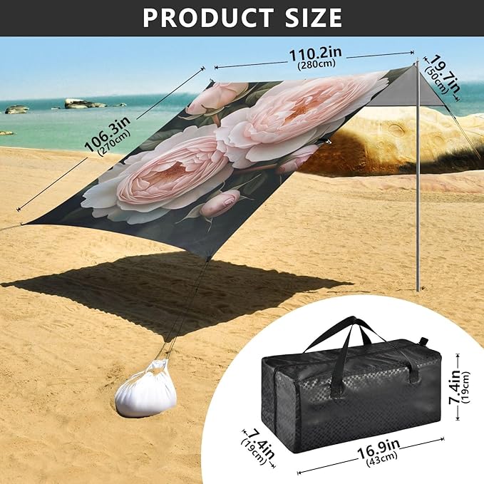 ALAZA Two Large Pale Pink Roses Beach Tent Sun Shelter Portable Canopy Sunshade for Outdoor Camping Picnics Backyard Fun 10x9 ft