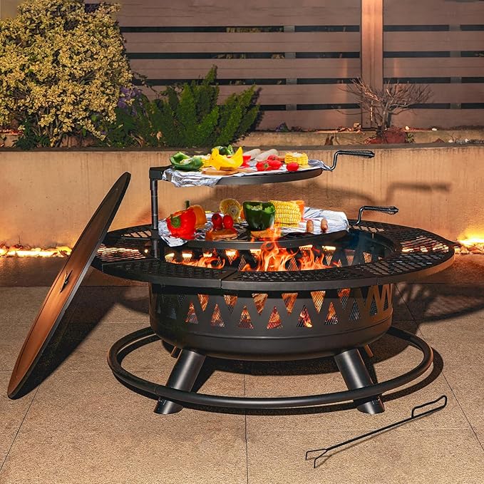 42 Inch Fire Pit with 2 Grills Large Outdoor Firepits for Outside Wood Burning Fireplace for CampingPicnicBonfire 3-in-1 Round Metal Table with Lid for BackyardPatioParty