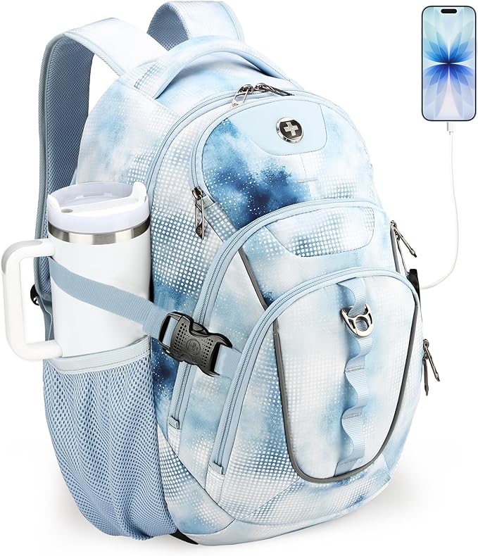 Swissdigital Laptop Backpack with USB Charging Port Travel Backpack Fits 15.6 inches Computer 31L Backpack for Men Polka Blue | SD803-105