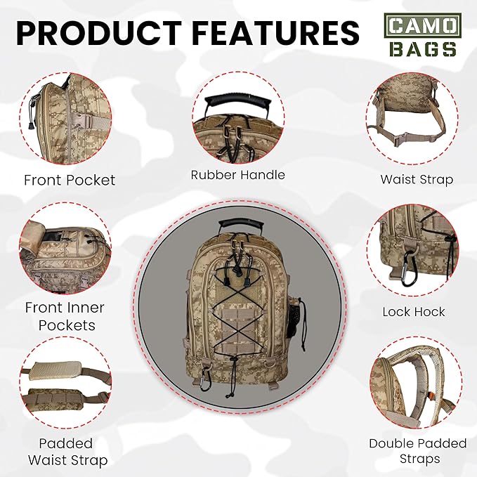 Camo Expandable Travel Backpack with 1000 Denier Cordura Polyester - Backpack For Men with Padded Straps &amp Multiple Compartments - Hiking Backpack for Campers Travelers with Large-Capacity Storag