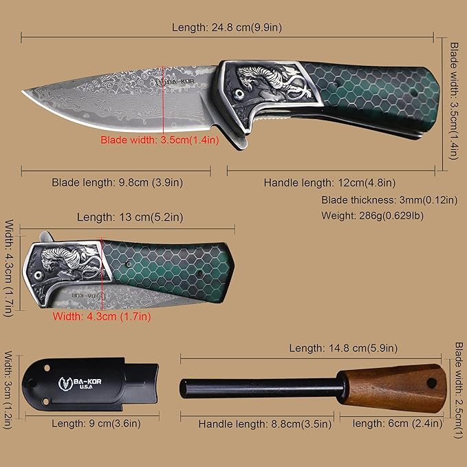 BA-KOR B21A Devil Tiger (XL) 248mm Damascus pocket knife featuring stainless steel and resin aluminum honeycomb-pattern handle &amp(5.9IN) cerium igniter suitable for both men and women as a campin