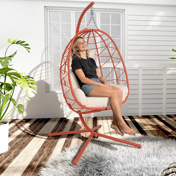 Hanging Egg Chair with Stand Outdoor Indoor Patio Rattan Swing Hammock Chairs with Washable Cushion PE Wicker Swing Chair for Backyard Bedroom Garden (Orange Red +White Cushion No Footrest)