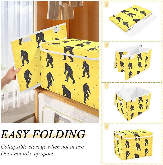 Sasquatch Silhouettes Yellow Storage Cube Bins Basket with Lid Collapsible Flip-top Fabric with Handle for Home Bedroom Closet Office 16.5×12.6×11.8 in