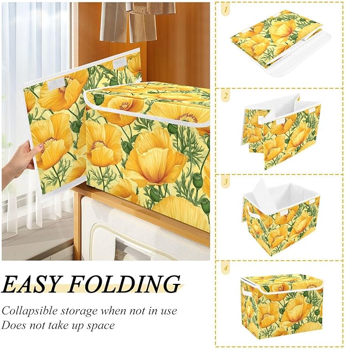 Collapsible Storage Bins with Lids Decorative Fabric Storage Cubes Closet Organizer and Storage Basket Boxes Containers for Clothes Box Chest Nursery Folding Rectangle Yellow Poppy Flowers