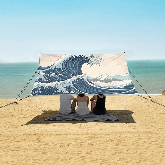 Waves Beach Canopy Sun Shelter with Sandbags &amp Sand Shovel &amp Windproof Ropes - Portable 110x126 Beach Shade Beach Tent for Camping Picnics