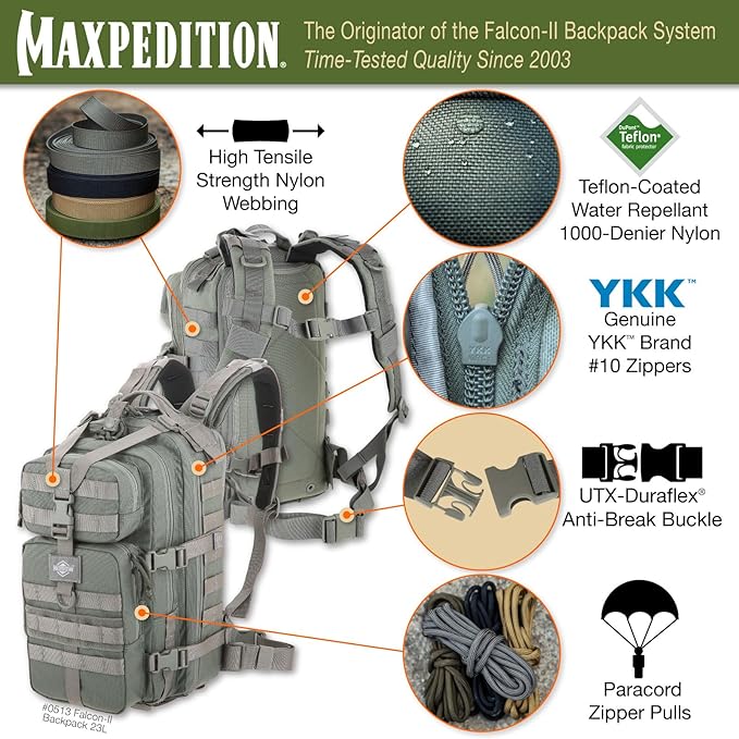 MAXPEDITION Falcon-II Backpack 23L Tactical Backpack Survival Pack Bug Out Bag MOLLE Go Bag for EDC 0513