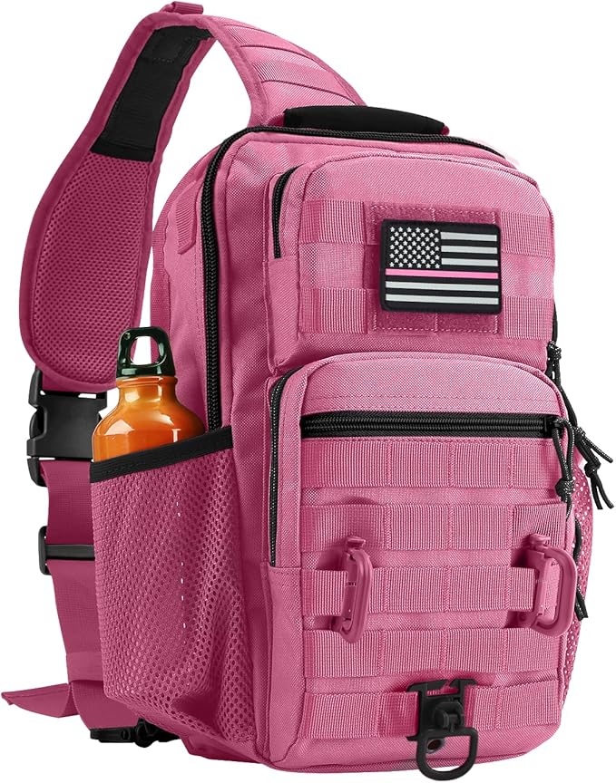 Rover Sling Pack Tactical Shoulder Sling Bag Backpack with Bottle Holder Crossbody Chest Bag Pink