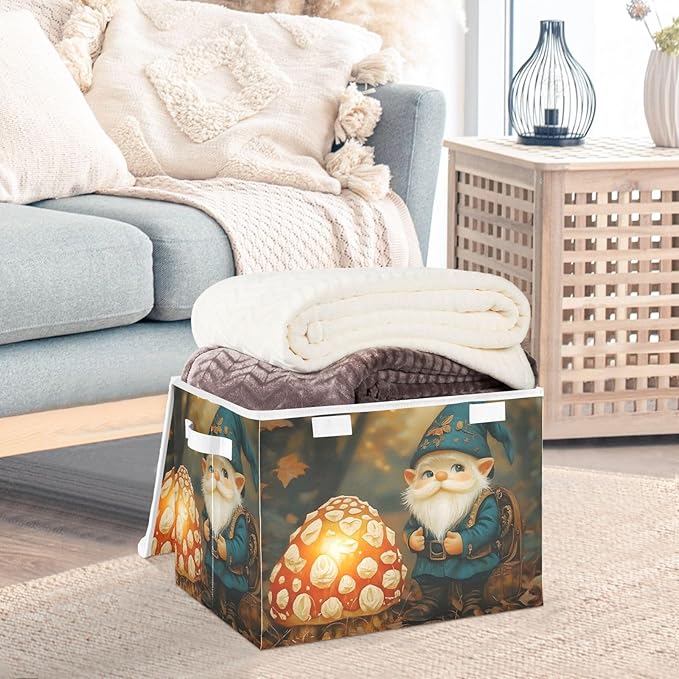 Storage Cube with Lid Gnome and Mushroom Print 16.5×12.6×11.8 IN 1 Pack Collapsible Large Capacity Foldable Storage Basket Bin Organizer