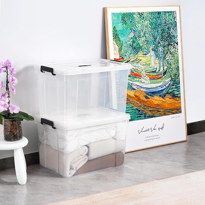 Cetomo Lidded Storage Bin with Handle Tote Organizing Container with Wheels Lid and Secure Latching Buckles Stackable and Nestable Plastic 95 Quart-6 Pack Clear