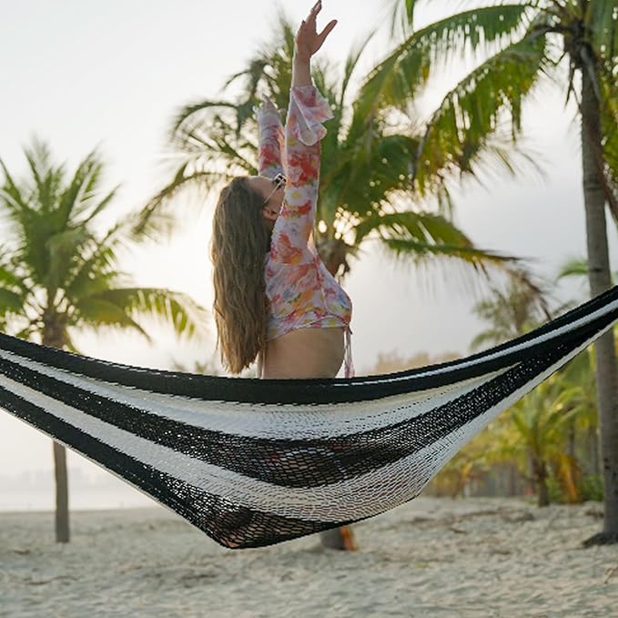 Lazy Daze Hammocks Handwoven Mayan Hammock 10.5 FT Soft Rope Double Hammocks Portable Outdoor Hammock with Carry Bag 2 Straps &amp Carabiners for Patio Outside 550 lbs Weight Capacity Black/Whit