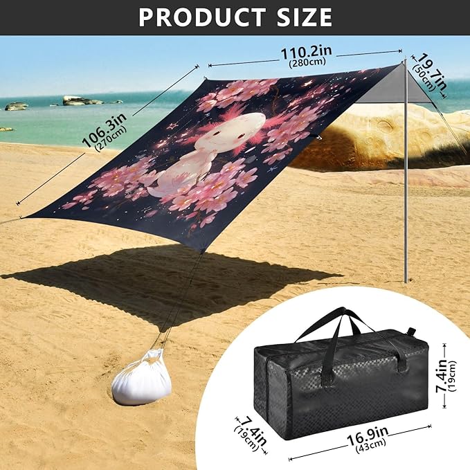 ALAZA Axolotl Cherry Blossom Beach Tent Sun Shelter UPF50+ Protection Beach Shade Canopy w/ 4 Sandbags for Outdoor Camping Fishing Backyard Fun Picnic 10x9 ft