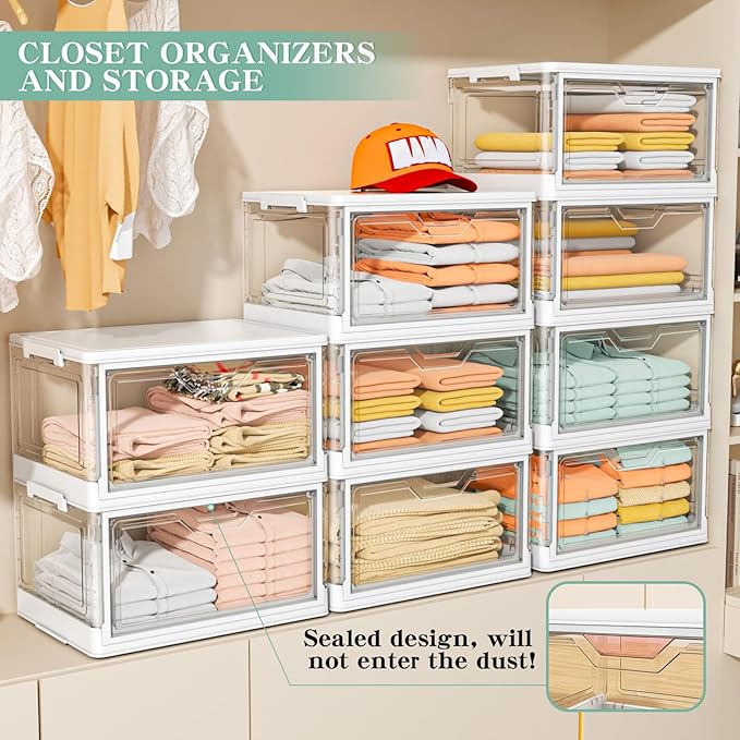Kmiectse Clear Storage Bins with Lids4 Tier Plastic Bins with WheelsStackable Storage BinCloset Organizers Box for BedroomLiving RoomToy23 QT Folding Box with Magnetic door