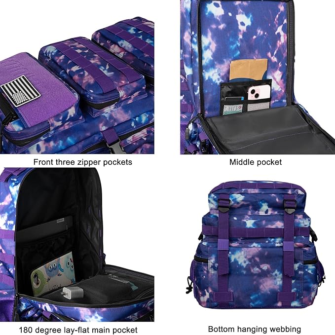 55L Military Tactical Backpack - Bug Out Bag with MOLLE System for Hiking(Purple tie dye)
