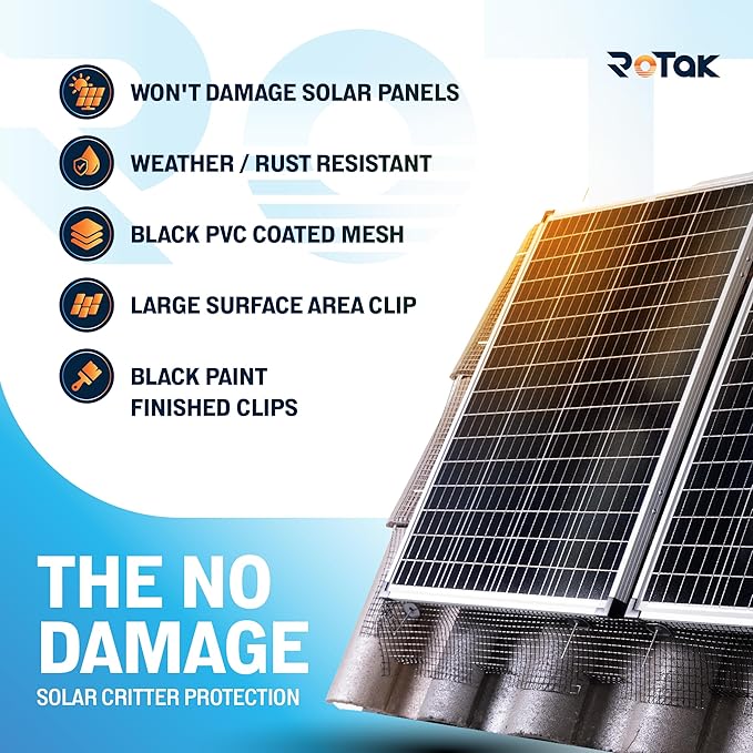 ROTAK Critter Guard - 4in x 100ft Solar Panel Bird Guard with Fastener Clips - Galvanized Black PVC Coated ½ inch Wire Roll Mesh (4 x 100' with 60 Fastener Clips)