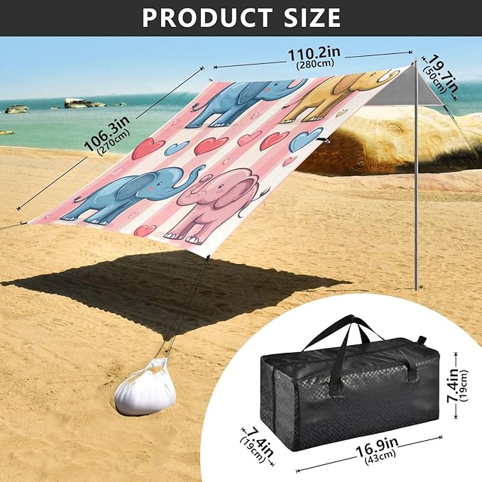 Elephants Love Stripes Beach Tent Sun Shelter Set UPF50+ UV Protection 10.5 x 9.19 FT Camping Shade Canopy with Sandbags Sand Anchors Carrying Bag and Others