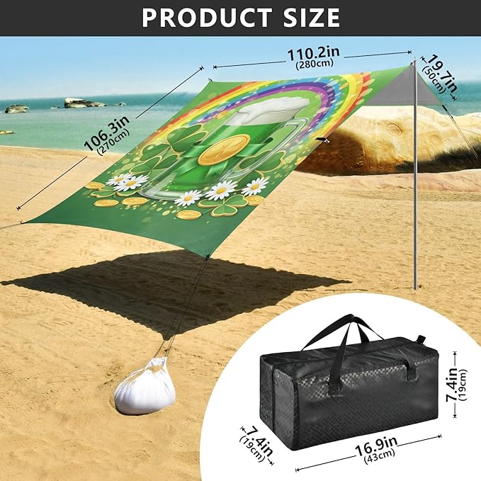 Beach Canopy with Windproof Ropes &amp Sandbags Beach Tent Sun Shade Sun Shelter for Camping Trips Fishing Backyard Fun or Picnics St. Patrick's Day