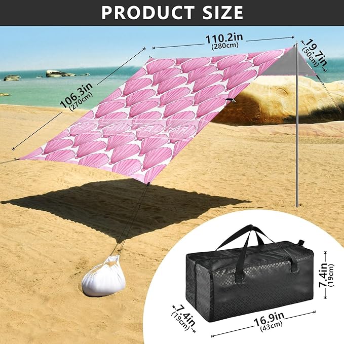 xigua Scallop Beach Tent Sun Shelter with Carrying Bag - Silver Coated Oxford Fabric Beach Canopy for Beach Camping Fishing - Includes Windproof Ropes Sandbags &amp Stakes