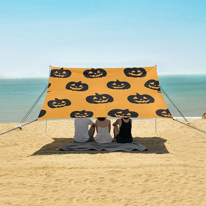 ALAZA Black Pumpkin Silhouette Pattern Beach Tent Sun Shelter UPF50+ Protection Beach Shade Canopy w/ 4 Sandbags for Outdoor Camping Fishing Backyard Fun Picnic 10x9 ft
