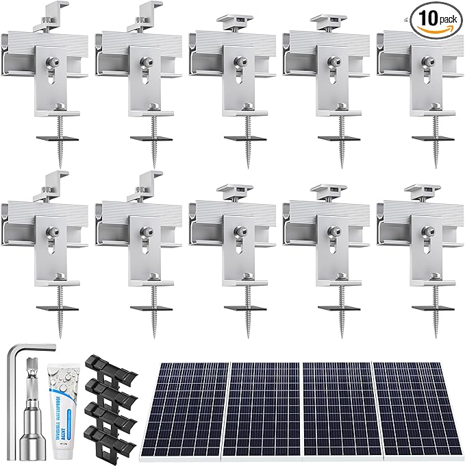 Solar Panel Mounting Brackets Kit 10Pcs Solar Roof Mount Kit for 1-4 Pieces Thickness 1.57-1.6” Solar Panels(100-400W) Aluminum Alloy Mount for Flat Pitched Roof Rack Mounting Brackets