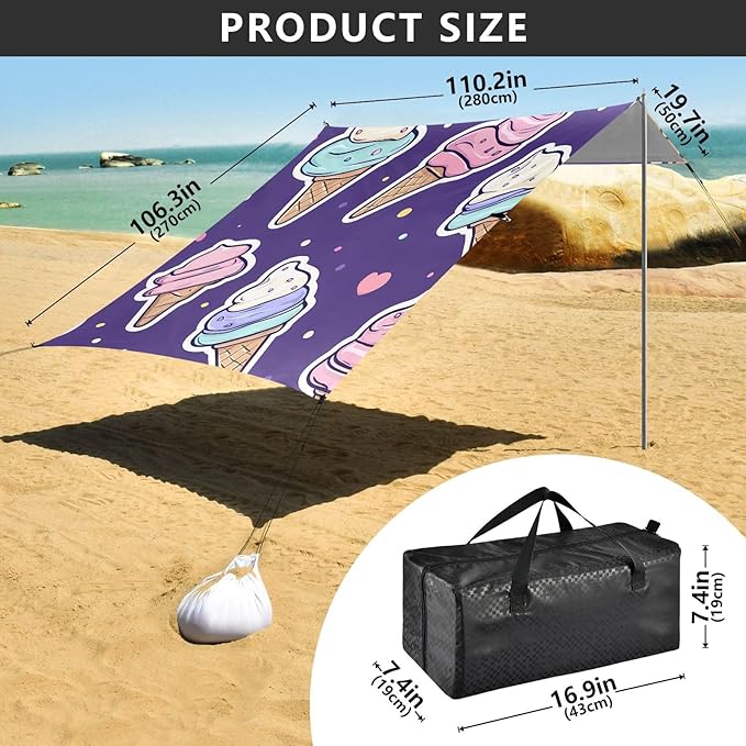 ALAZA Cartoon Ice Cream Pattern Beach Tent Sun Shelter Portable Canopy Sunshade for Outdoor Camping Picnics Backyard Fun 10x9 ft